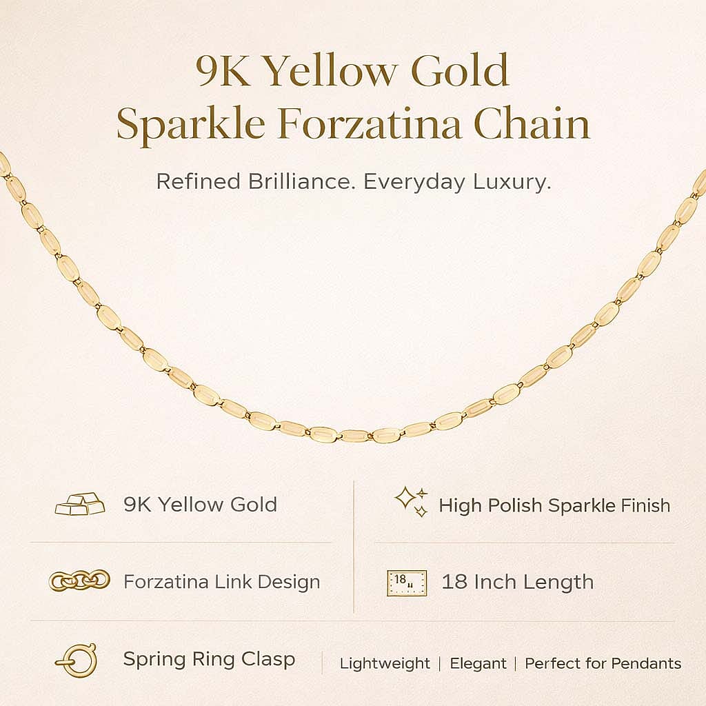 9K Yellow Gold High Finish Sparkle Forzatina Chain (Size - 18) with Spring Ring Clasp
