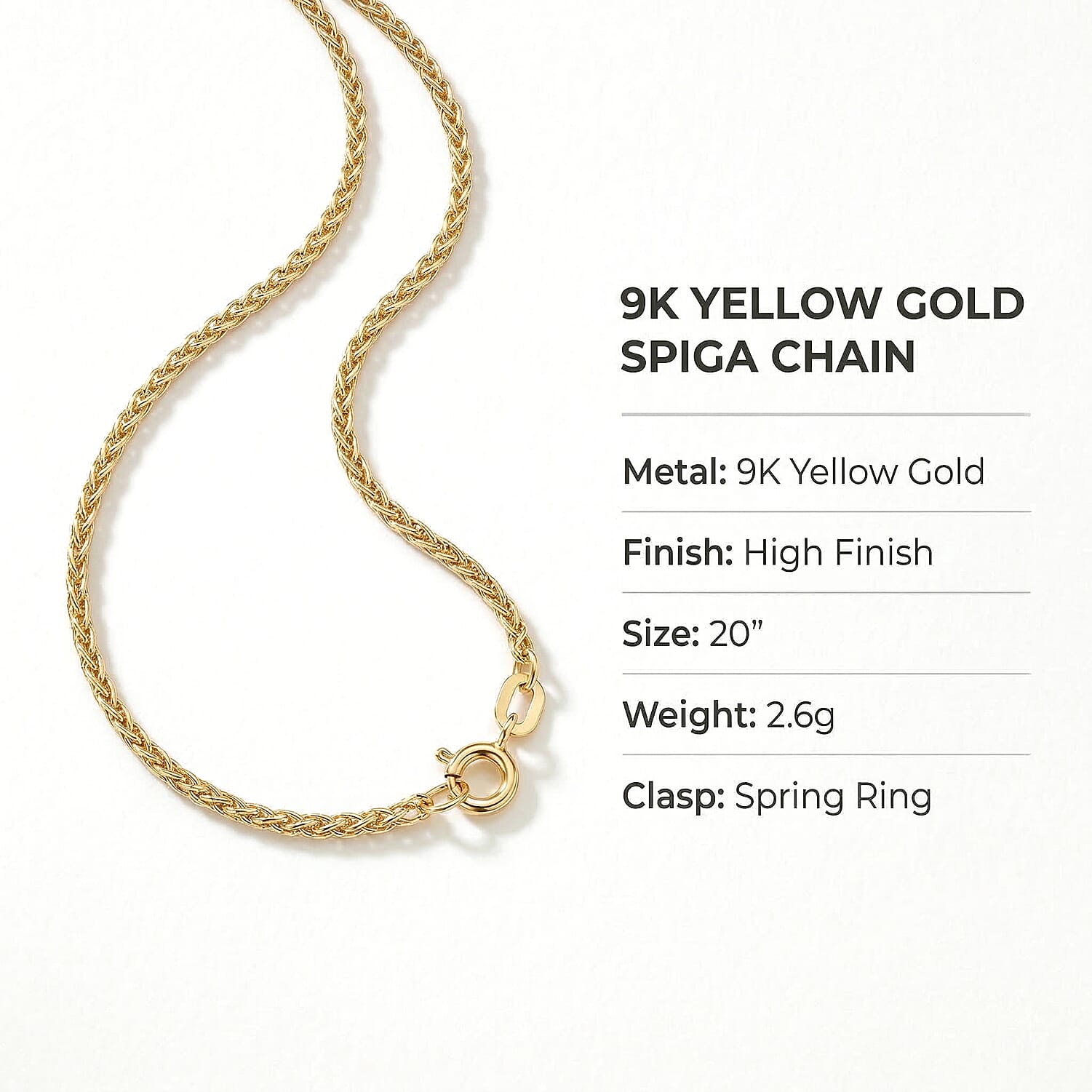 9K Yellow Gold High Finish Spiga Chain 20 Inch, 2.6 grams