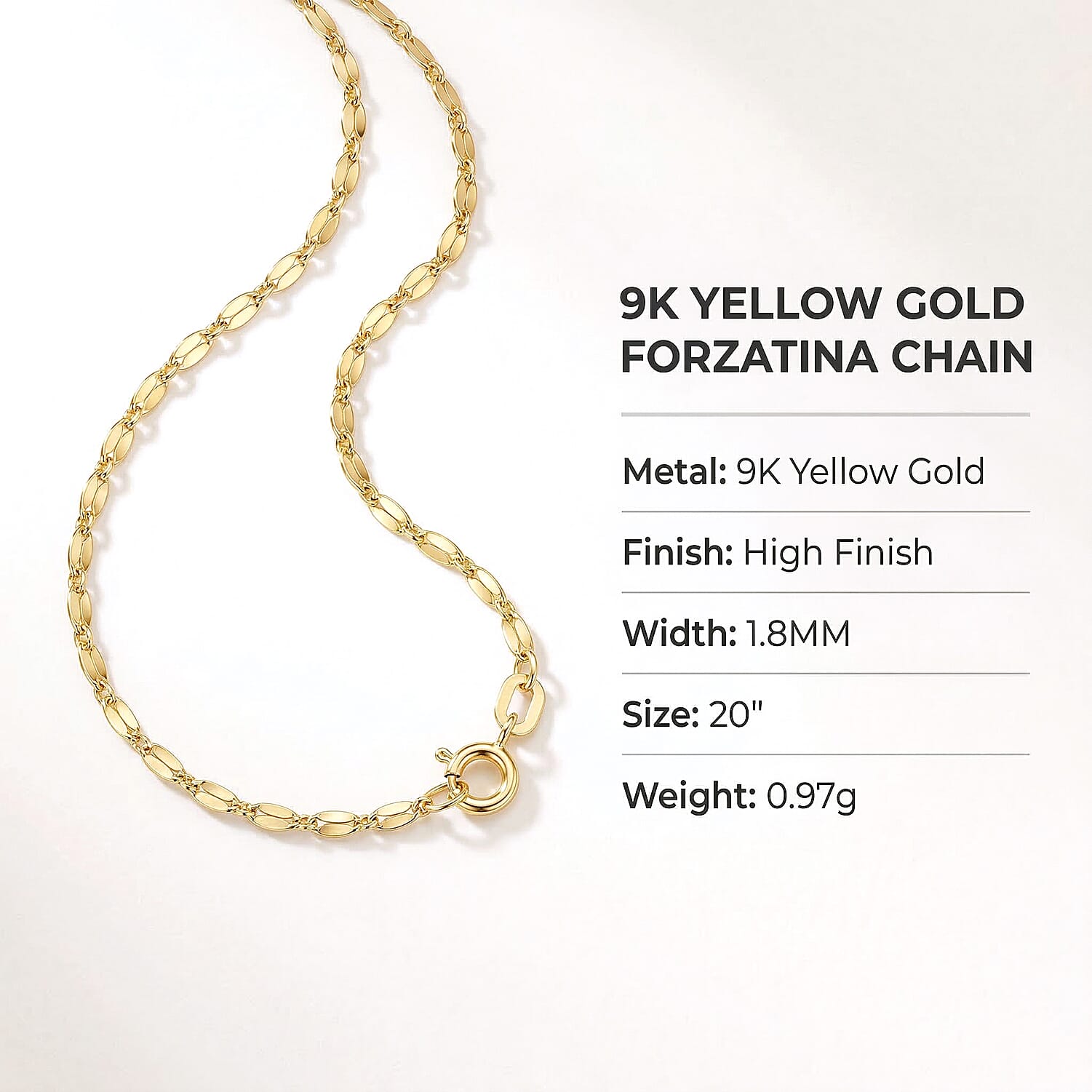 9K Yellow Gold High Finish 1.8MM Forzatina Chain 20 Inch, 0.97 grams