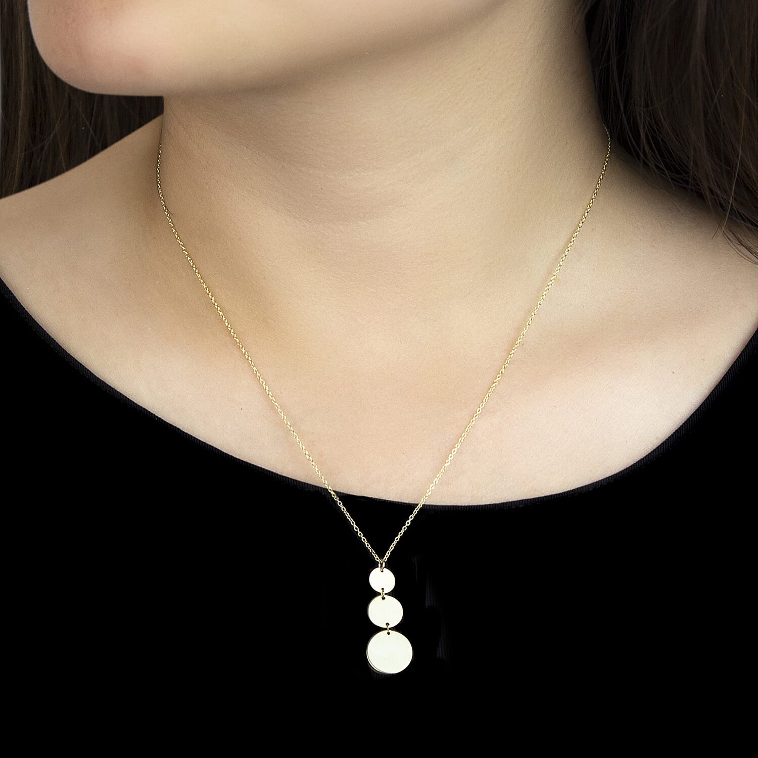 9K Yellow Gold 10MM X 26MM 3 Disc Necklace 17 Inch, 2.3 grams