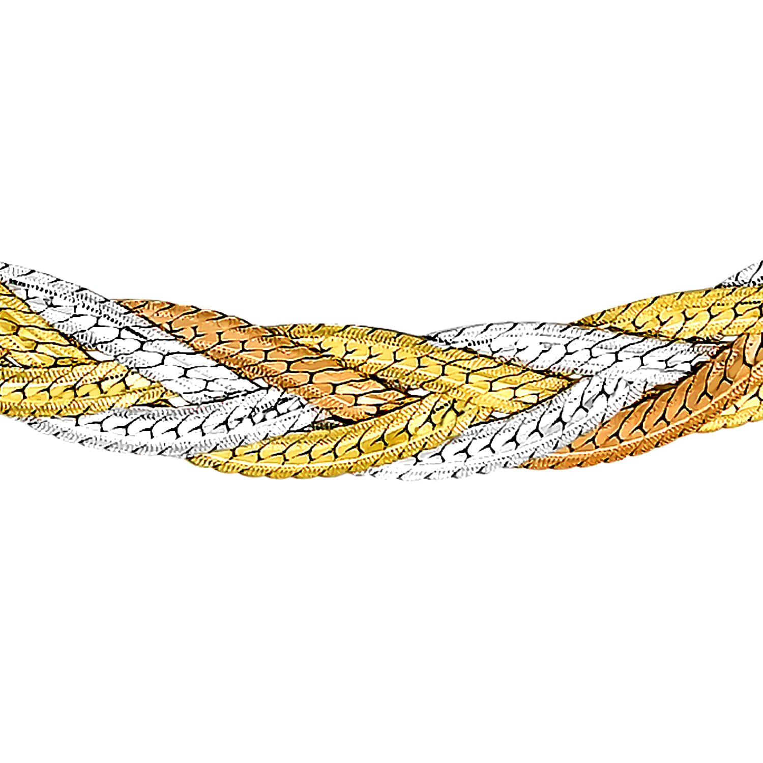 9K Tri Colour Gold Plait Textured Herringbone Necklace 18 Inch, 6.3 grams