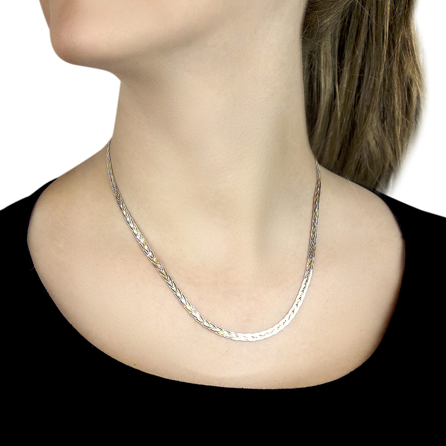 9K Tri Colour Gold Plait Textured Herringbone Necklace 18 Inch, 6.3 grams