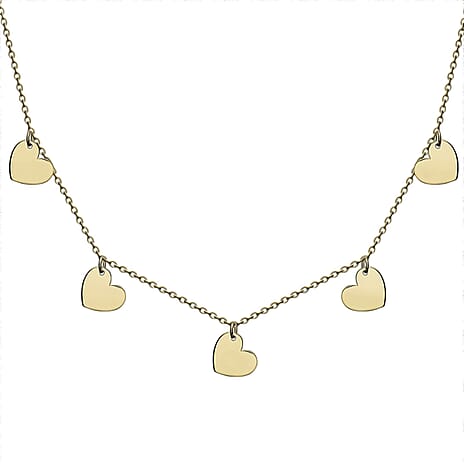 9K Yellow Gold 6MM X 6MM 5 Heart Adjustable Necklace 17 Inch, 1.9 grams