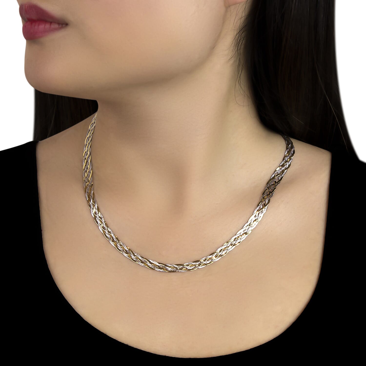 9K Two Colour Gold Plait Textured Herringbone Necklace 18 Inch, 6.1 grams