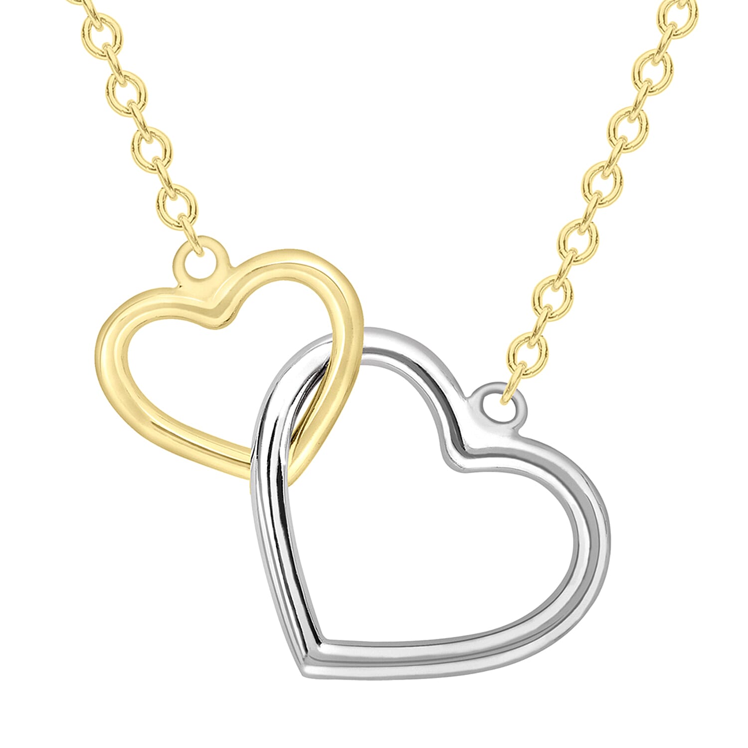 9K Two Colour Gold 13MM X 12MM And 9MM X 9MM Interlocked Hearts Necklace 18 Inch, 2.1 grams