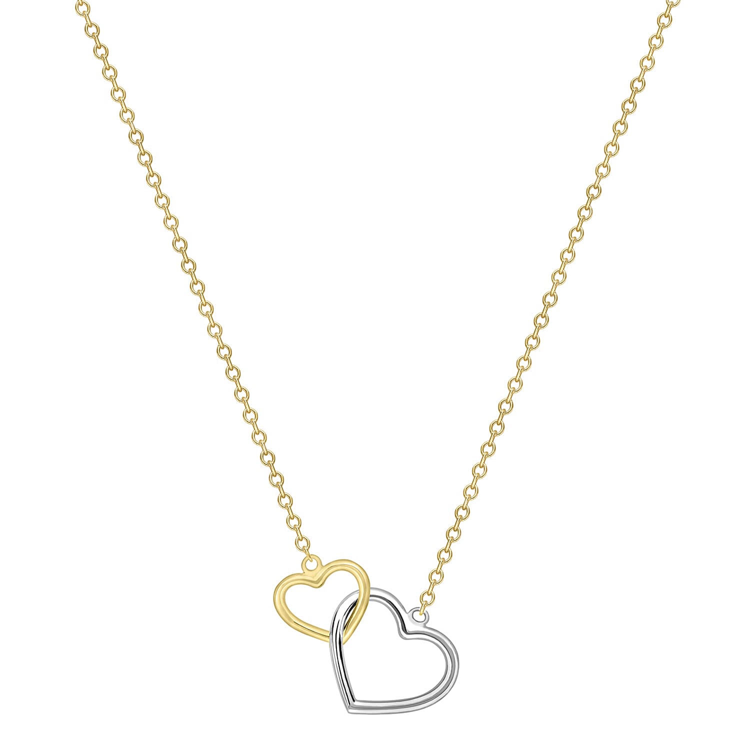 9K Two Colour Gold 13MM X 12MM And 9MM X 9MM Interlocked Hearts Necklace 18 Inch, 2.1 grams