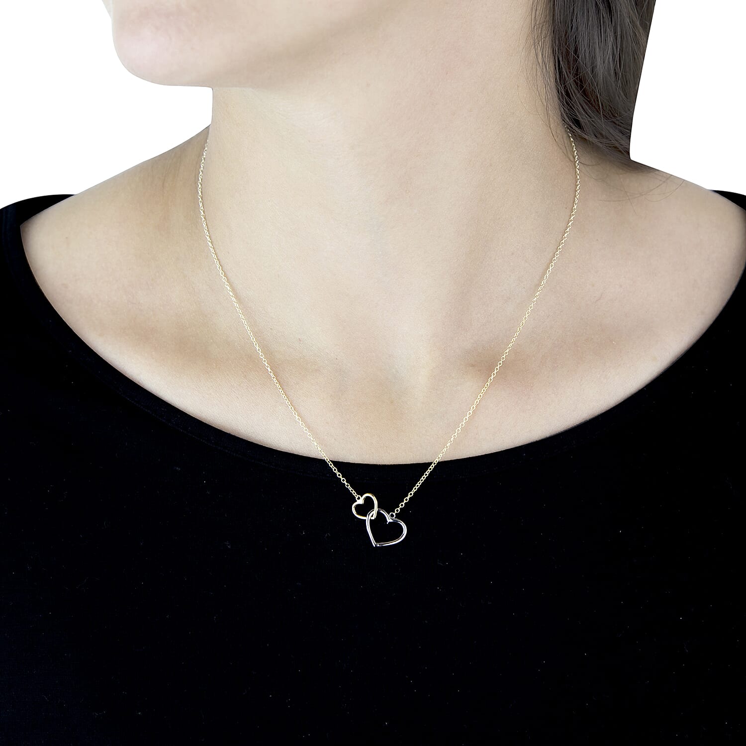 9K Two Colour Gold 13MM X 12MM And 9MM X 9MM Interlocked Hearts Necklace 18 Inch, 2.1 grams