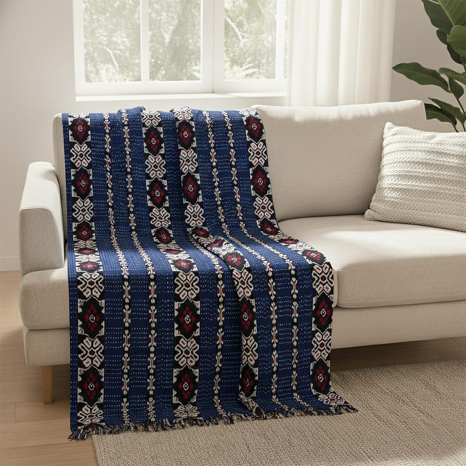 Bali Collection Tenun Throw in Animal Motif  (Size 116x240Cm) - Navy and Red