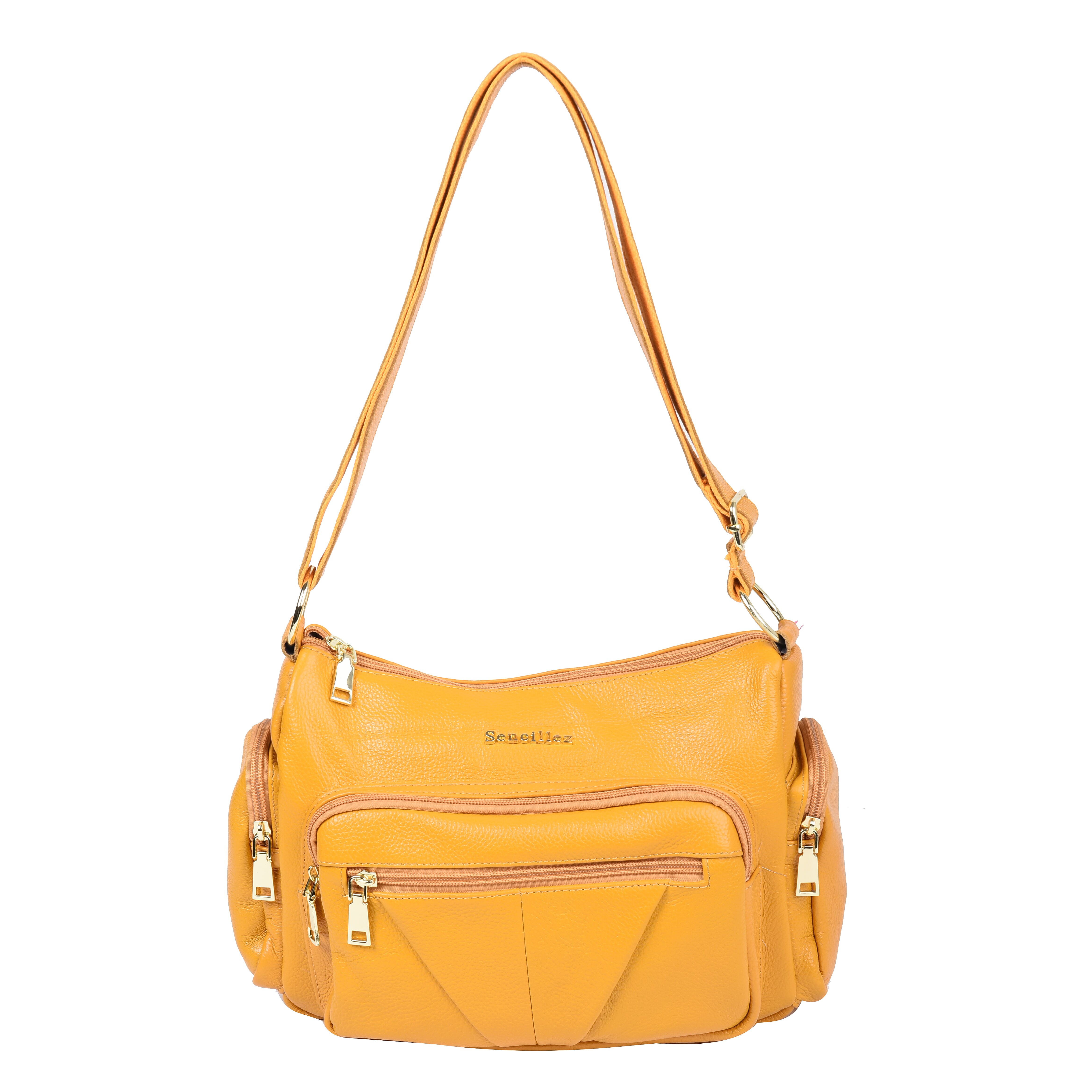 SENCILLEZ Multi Pocket Genuine Leather Crossbody Bag (Size 31x13x21 cm) - Yellow