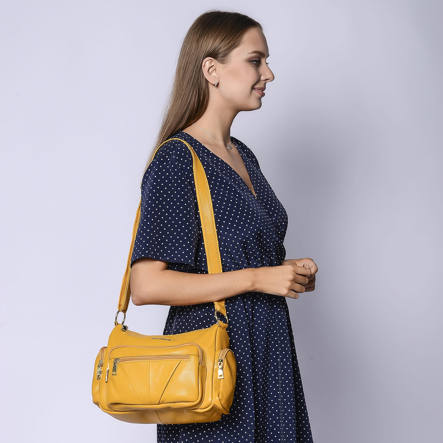 SENCILLEZ Multi Pocket Genuine Leather Crossbody Bag (Size 31x13x21 cm) - Yellow