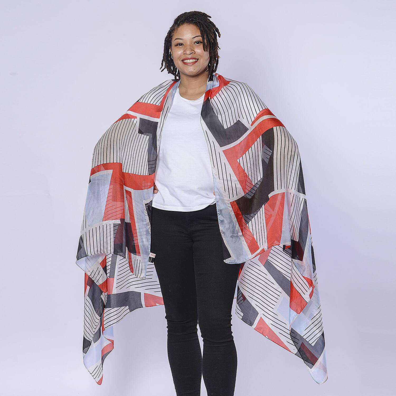 LA MAREY 100% Mulberry Geometric Pattern Scarf (Size 180x110 Cm) - Red and Blue