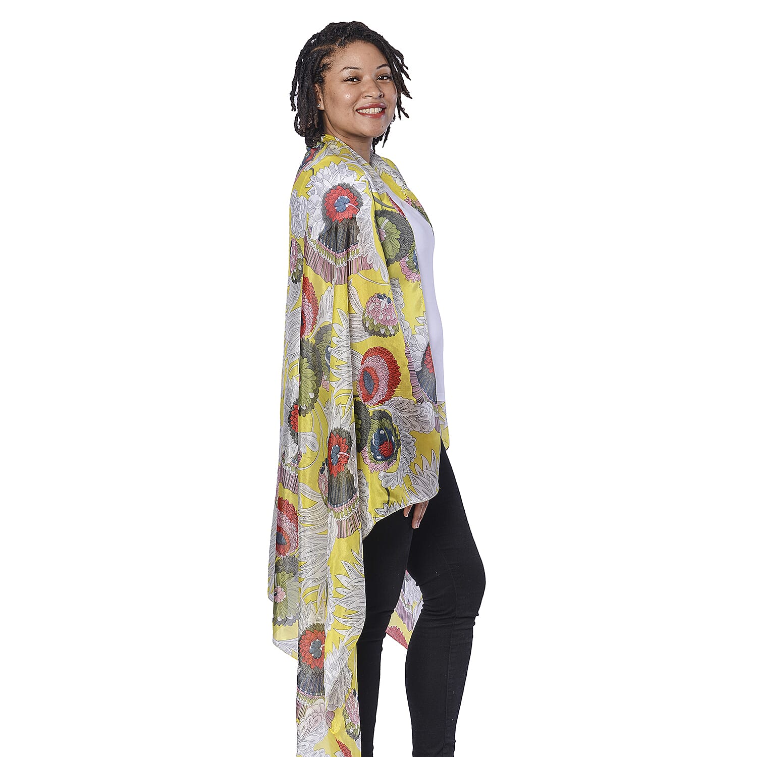 LA MAREY 100% Mulberry Silk Yellow and Multi Colour Scarf with Abstract Floral Print (180x110 cm)