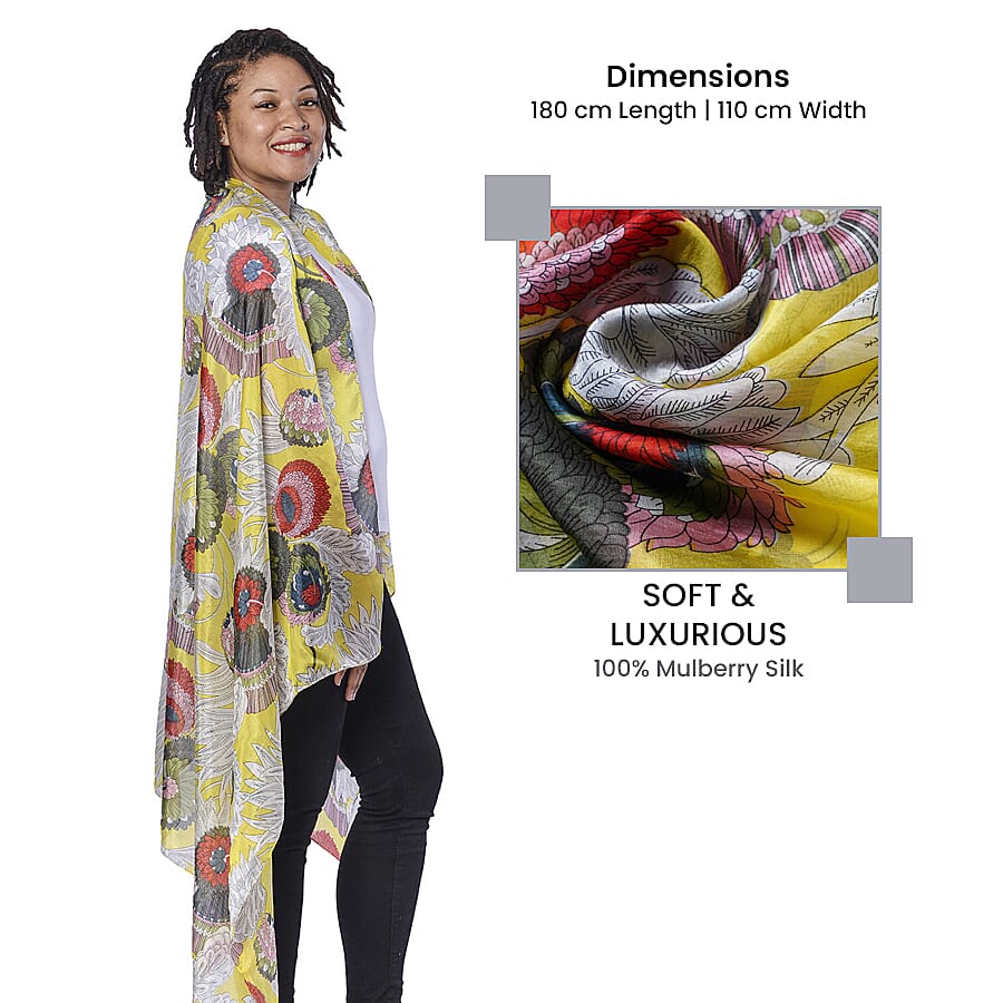LA MAREY 100% Mulberry Silk Yellow and Multi Colour Scarf with Abstract Floral Print (180x110 cm)