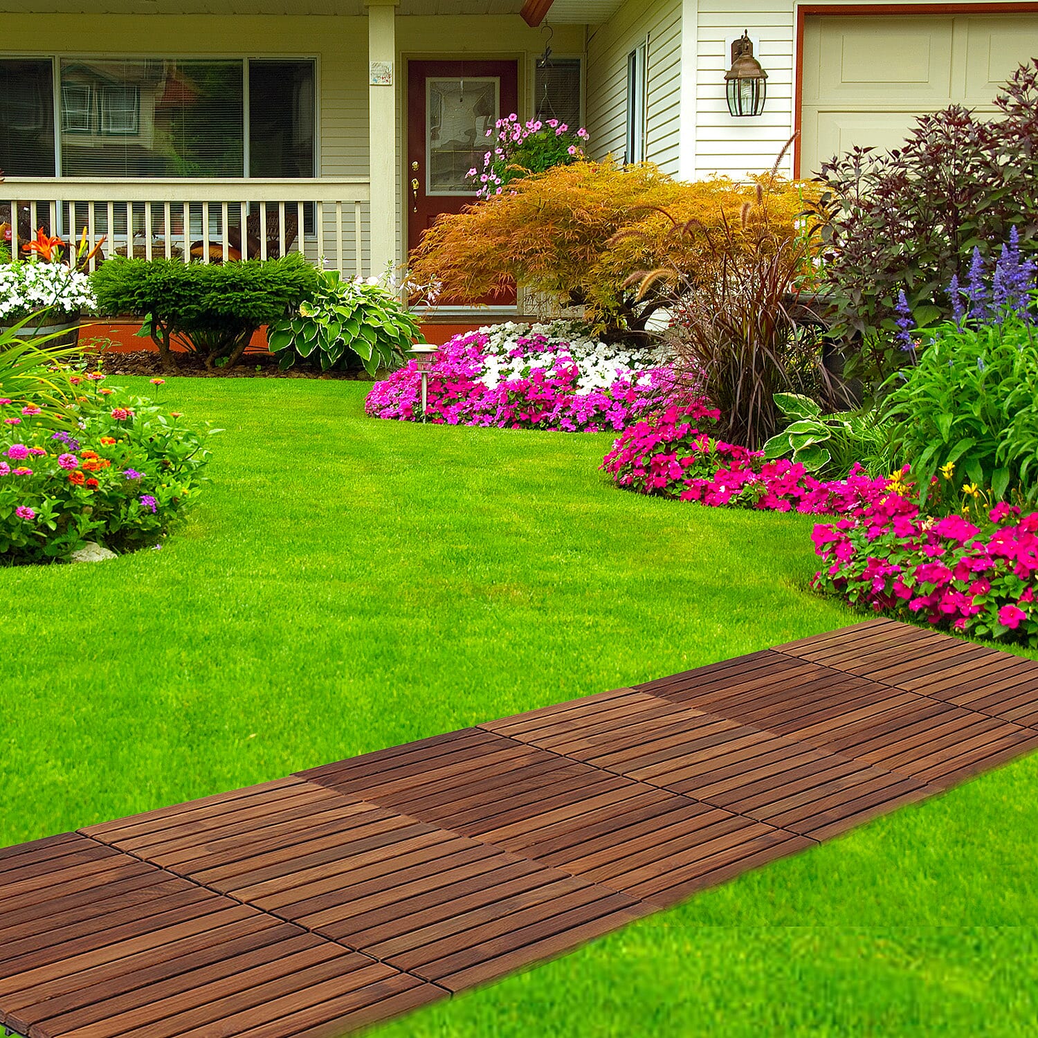 Bali Collection Set of 10 - Teak Wood Decking Tiles (Each 30 Cm)