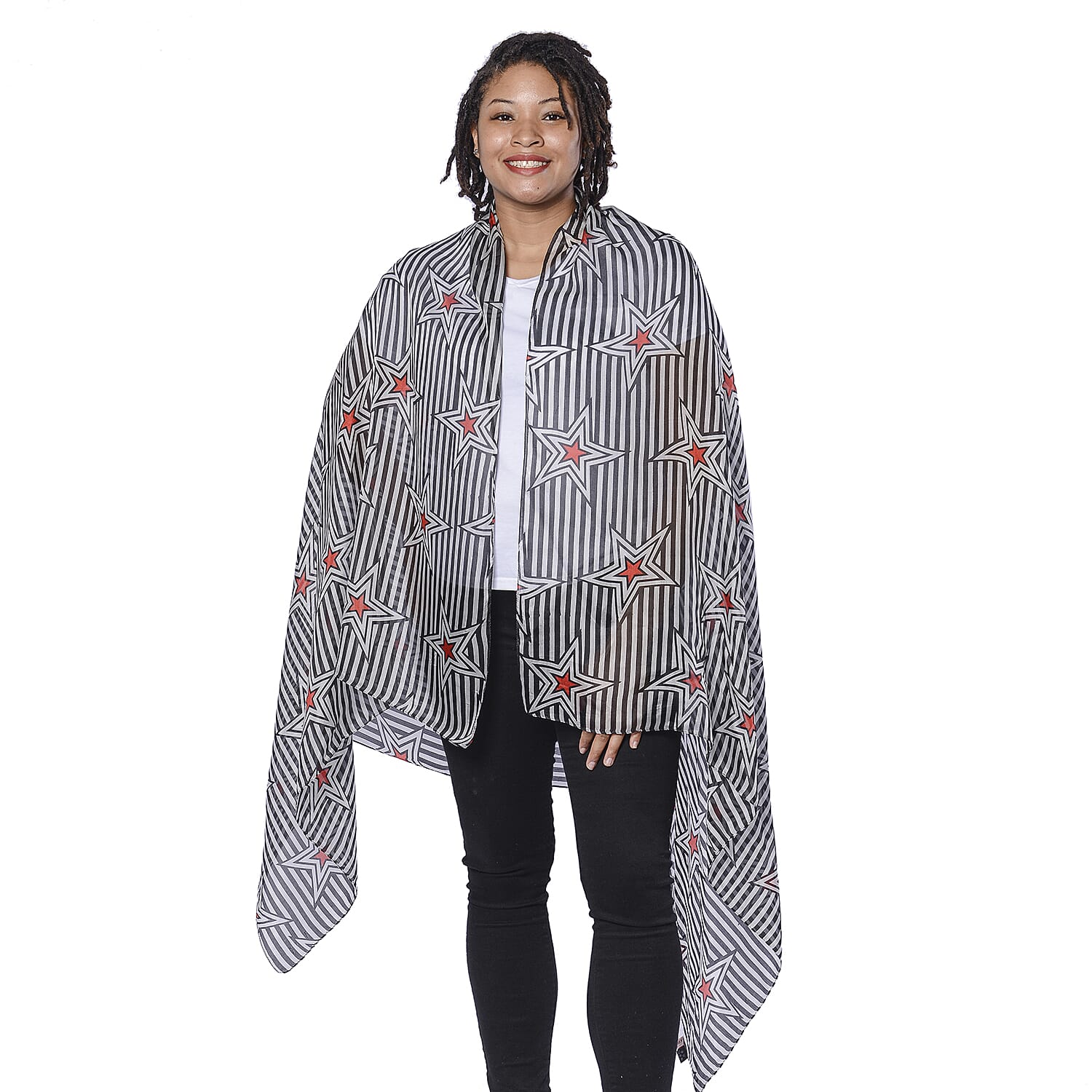 LA MAREY 100% Mulberry Silk Black and White Large Scarf with Stripe Star Print (180x110cm)