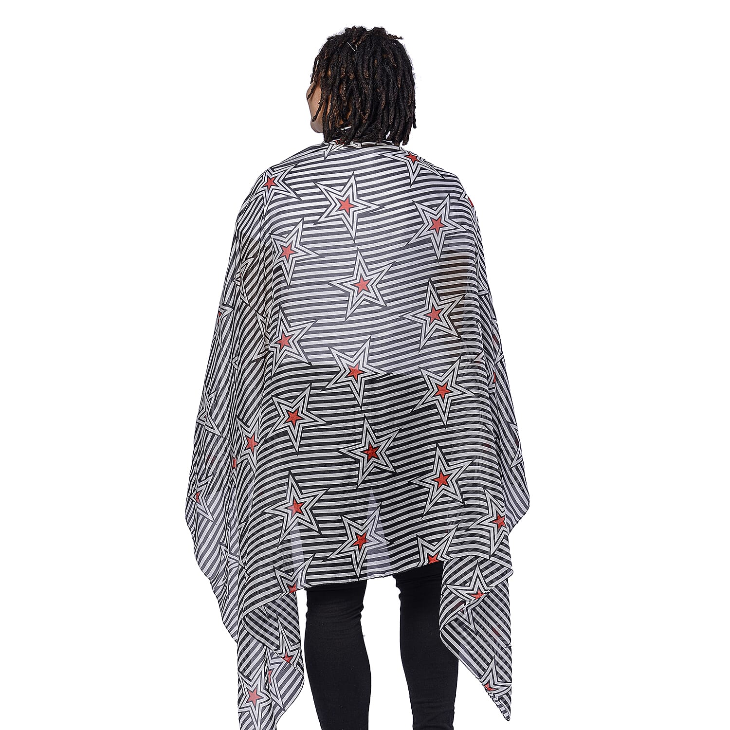 LA MAREY 100% Mulberry Silk Black and White Large Scarf with Stripe Star Print (180x110cm)