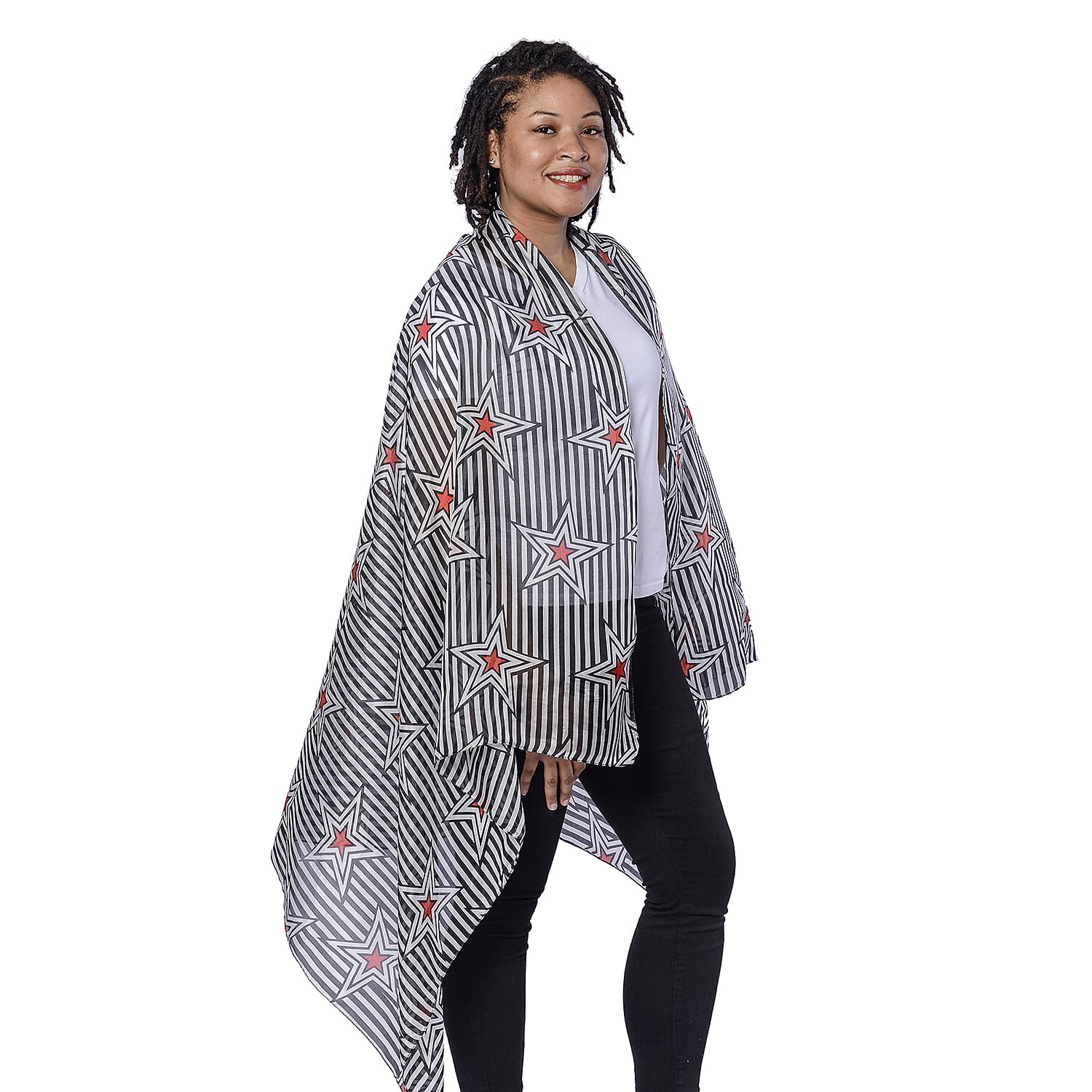 LA MAREY 100% Mulberry Silk Black and White Large Scarf with Stripe Star Print (180x110cm)