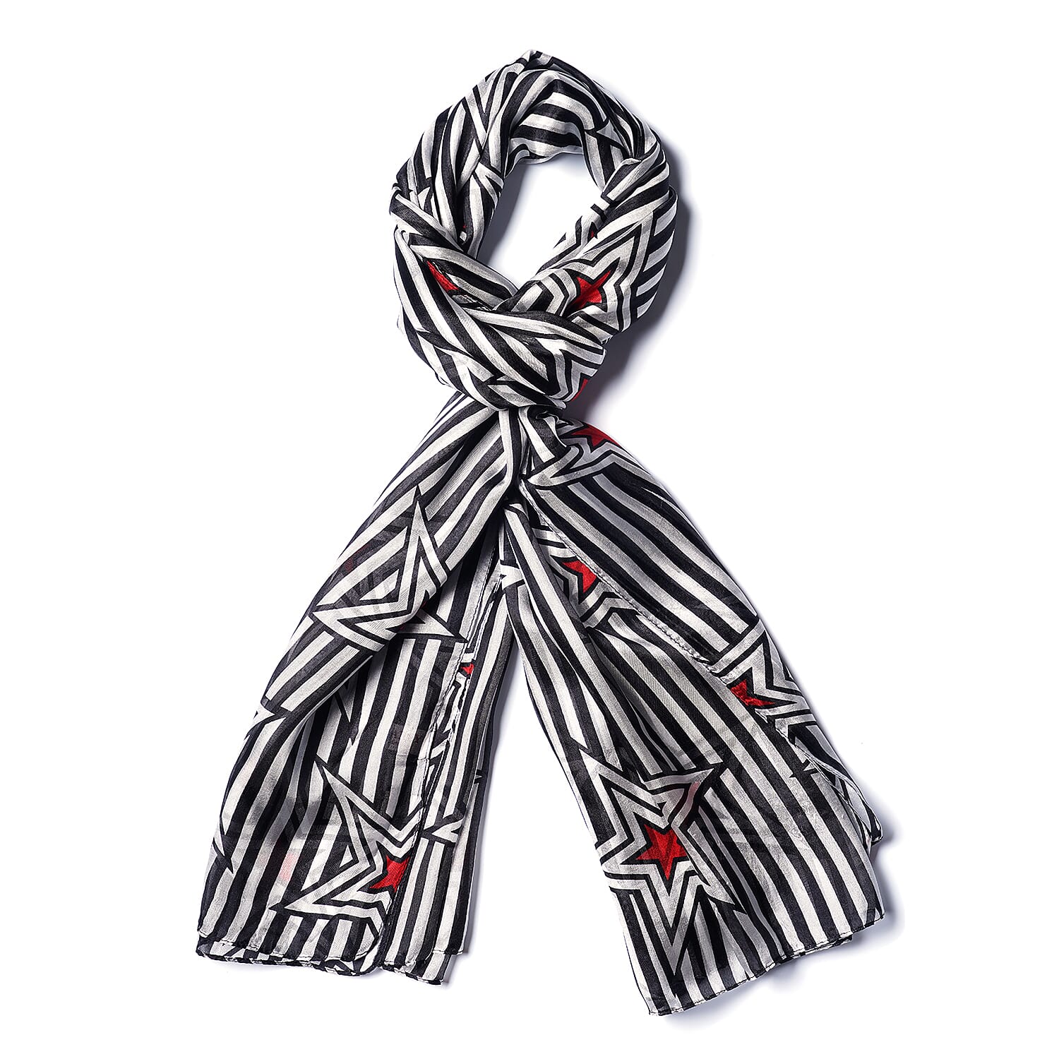 LA MAREY 100% Mulberry Silk Black and White Large Scarf with Stripe Star Print (180x110cm)
