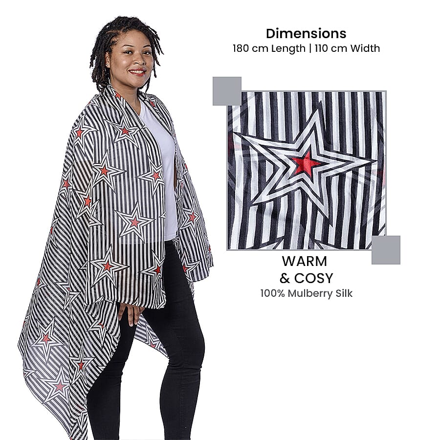 LA MAREY 100% Mulberry Silk Black and White Large Scarf with Stripe Star Print (180x110cm)