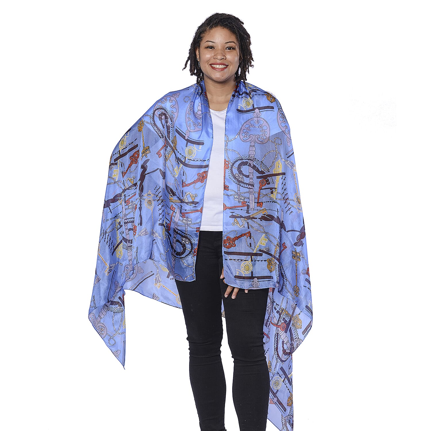 LA MAREY 100% Mulberry Silk Blue and Multicolour Periwinkle Print Scarf (180x110cm)