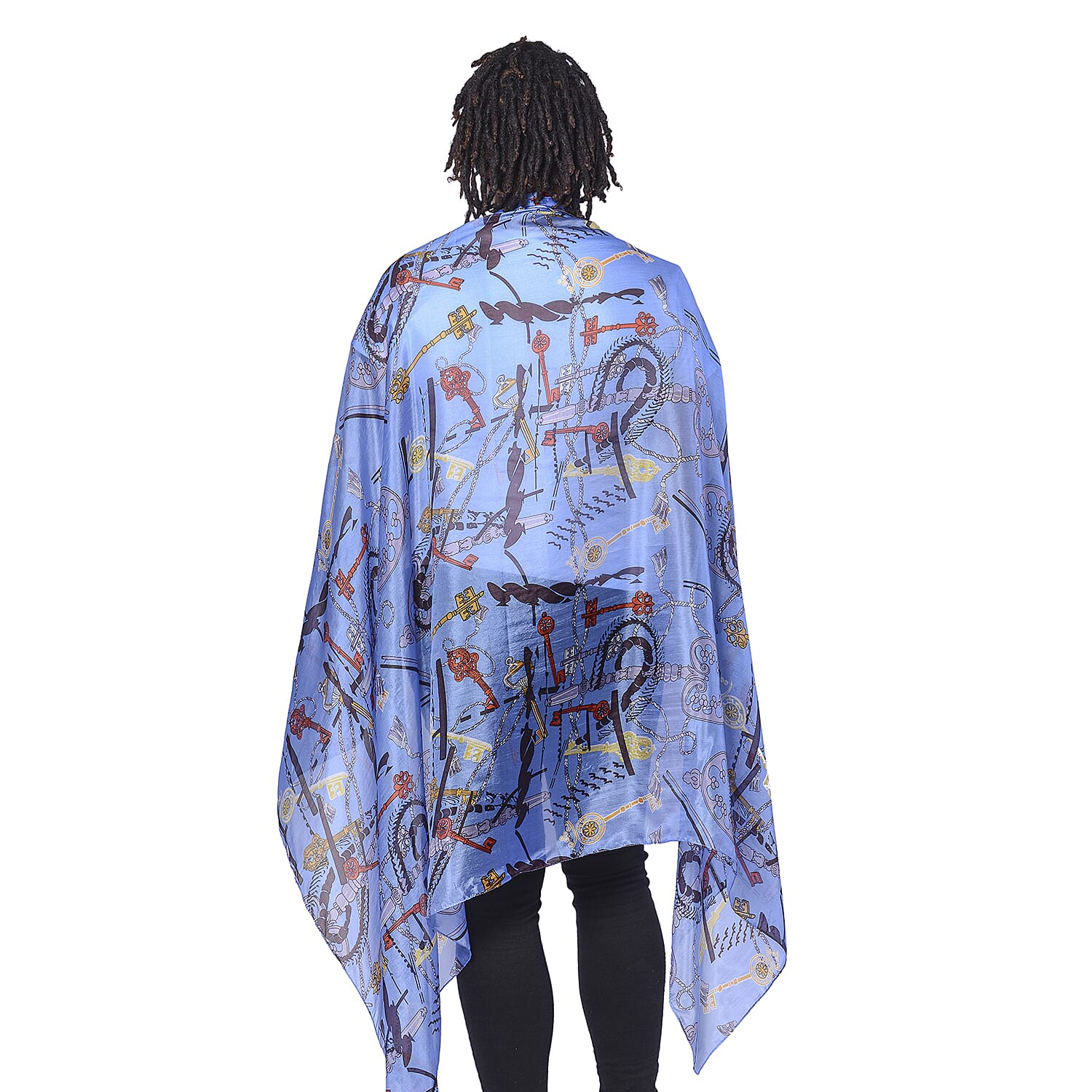 LA MAREY 100% Mulberry Silk Blue and Multicolour Periwinkle Print Scarf (180x110cm)