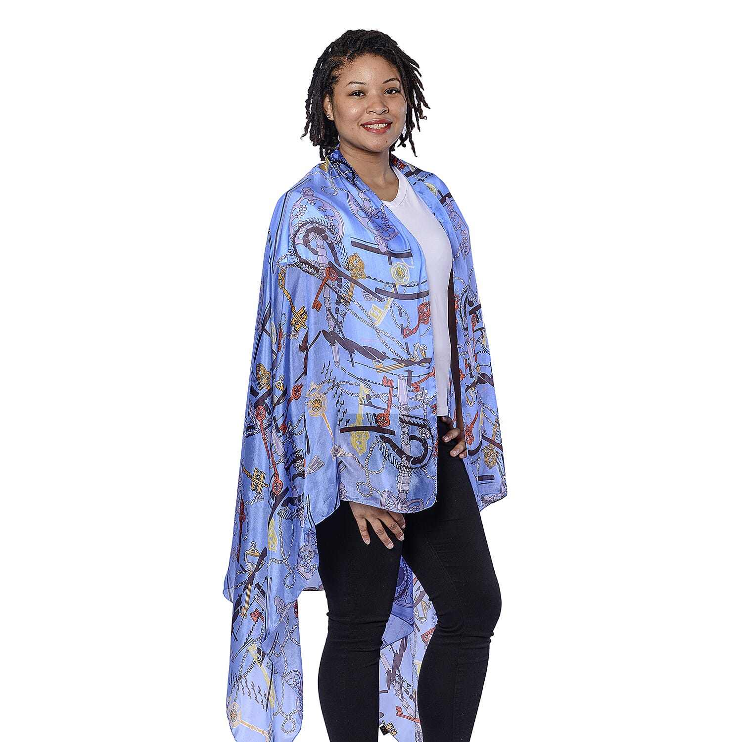 LA MAREY 100% Mulberry Silk Blue and Multicolour Periwinkle Print Scarf (180x110cm)