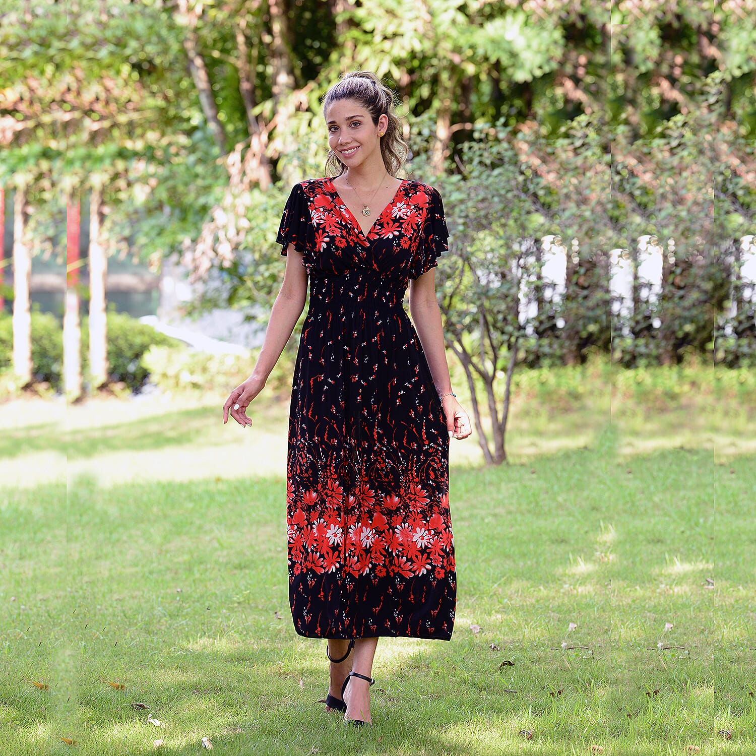 JOVIE Floral Pattern Smocked Waist Maxi Dress with Flutter Sleeve - Black and Red
