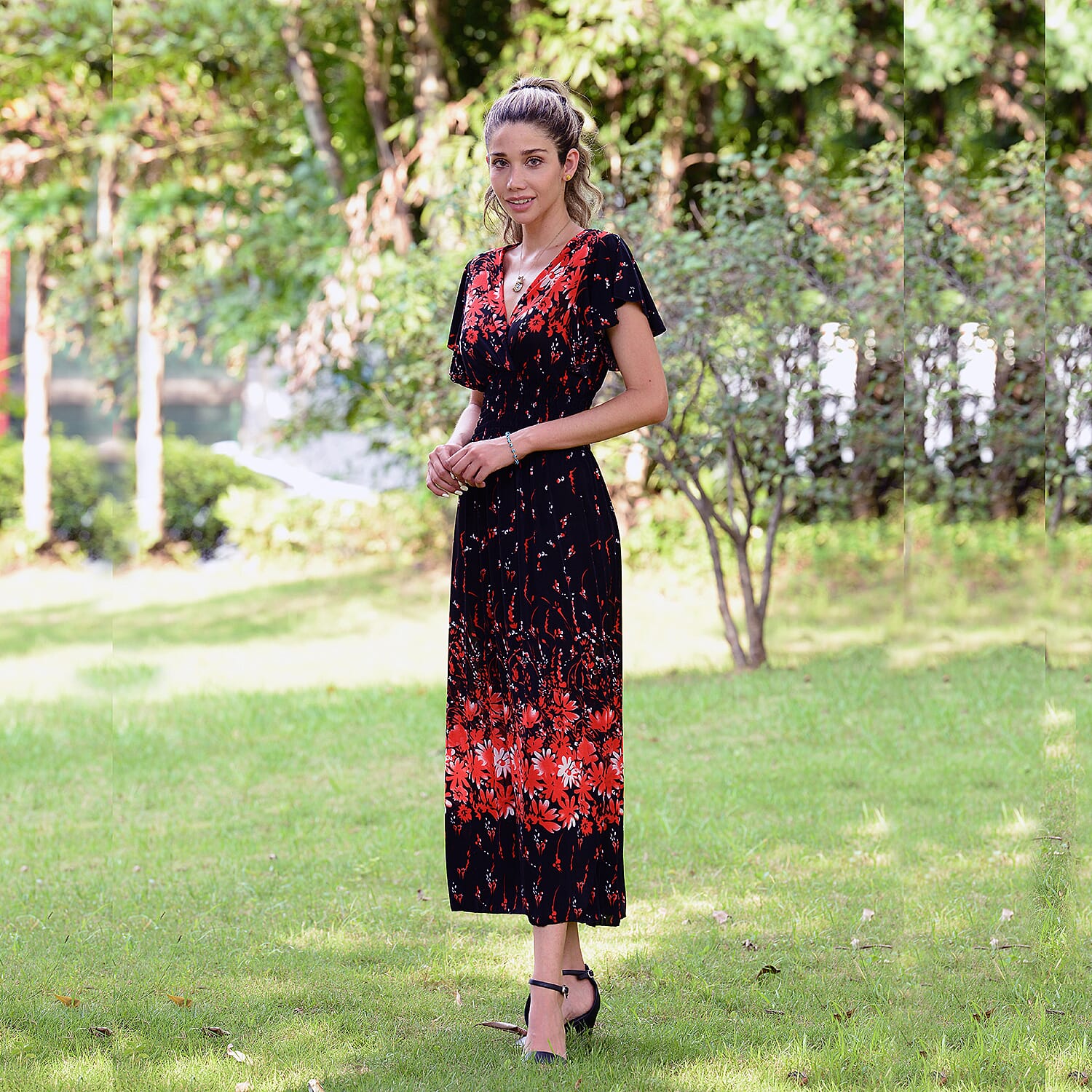 JOVIE Floral Pattern Smocked Waist Maxi Dress with Flutter Sleeve - Black and Red
