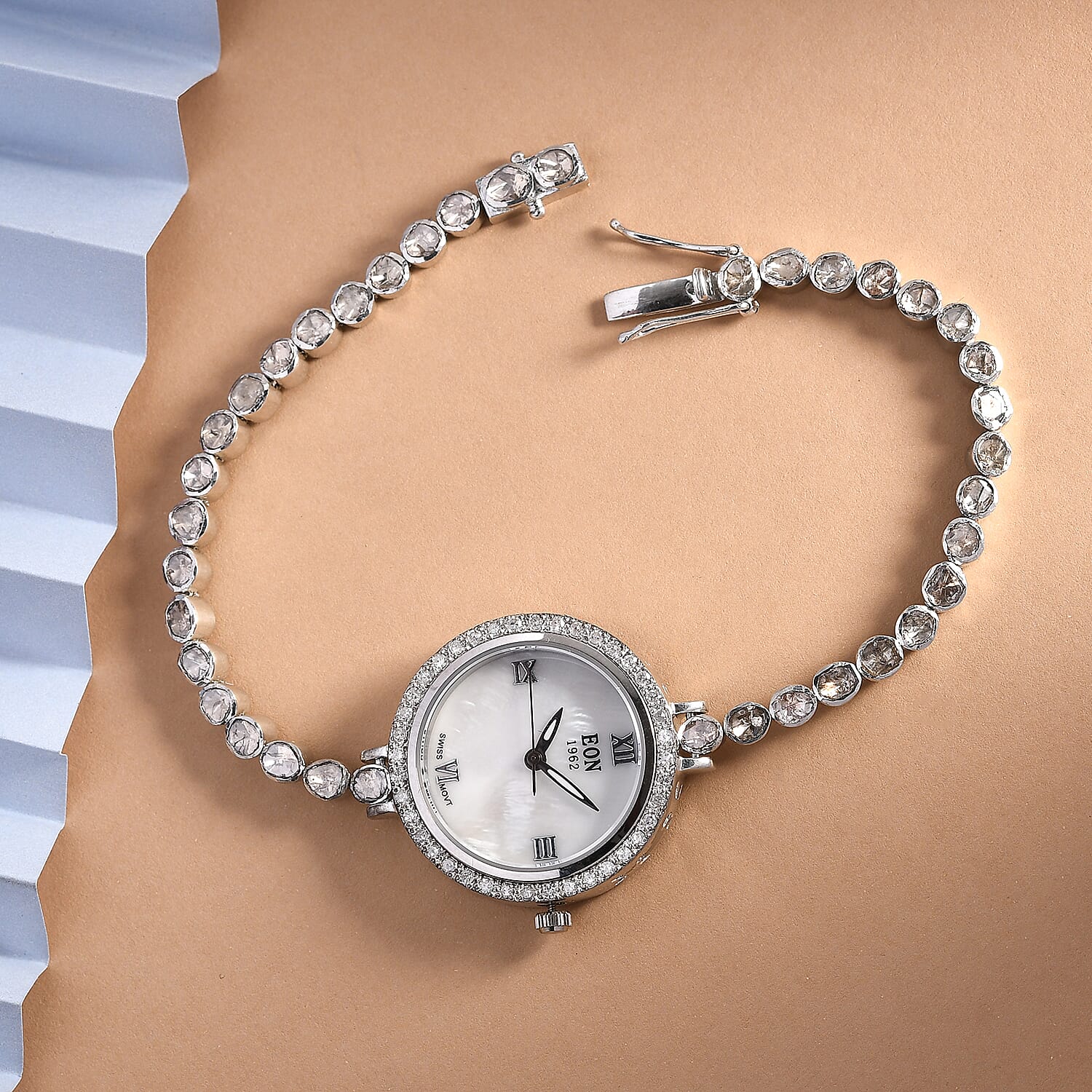 EON 1962 Polki Diamond and Natural White Single Cut Diamond Studded Watch 2.50 Ct, (Size 7.5) in Platinum Overlay Sterling Silver Silver Wt. 14.15 Gms.