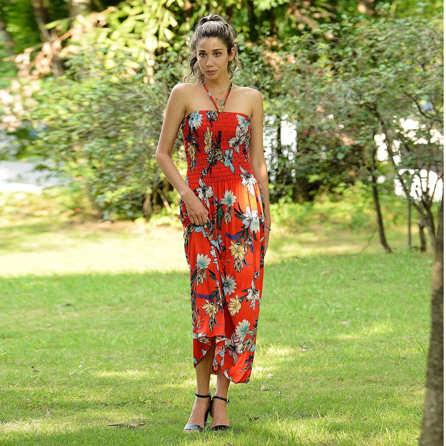 JOVIE Floral Pattern Smocked Halter Dress (Size 115x27 Cm - Up To Size 18) - Red & Multi