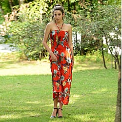 JOVIE Floral Pattern Smocked Halter Dress (Size 115x27 Cm - Up To Size 18) - Red & Multi