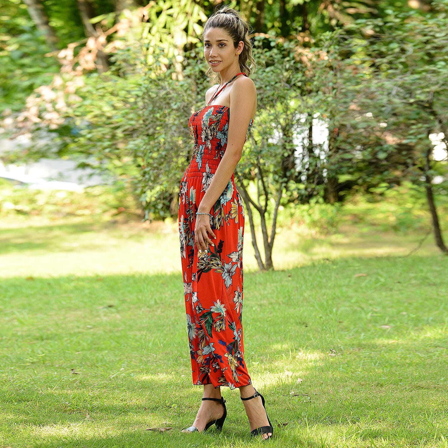 JOVIE Floral Pattern Smocked Halter Dress (Size 115x27 Cm - Up To Size 18) - Red & Multi