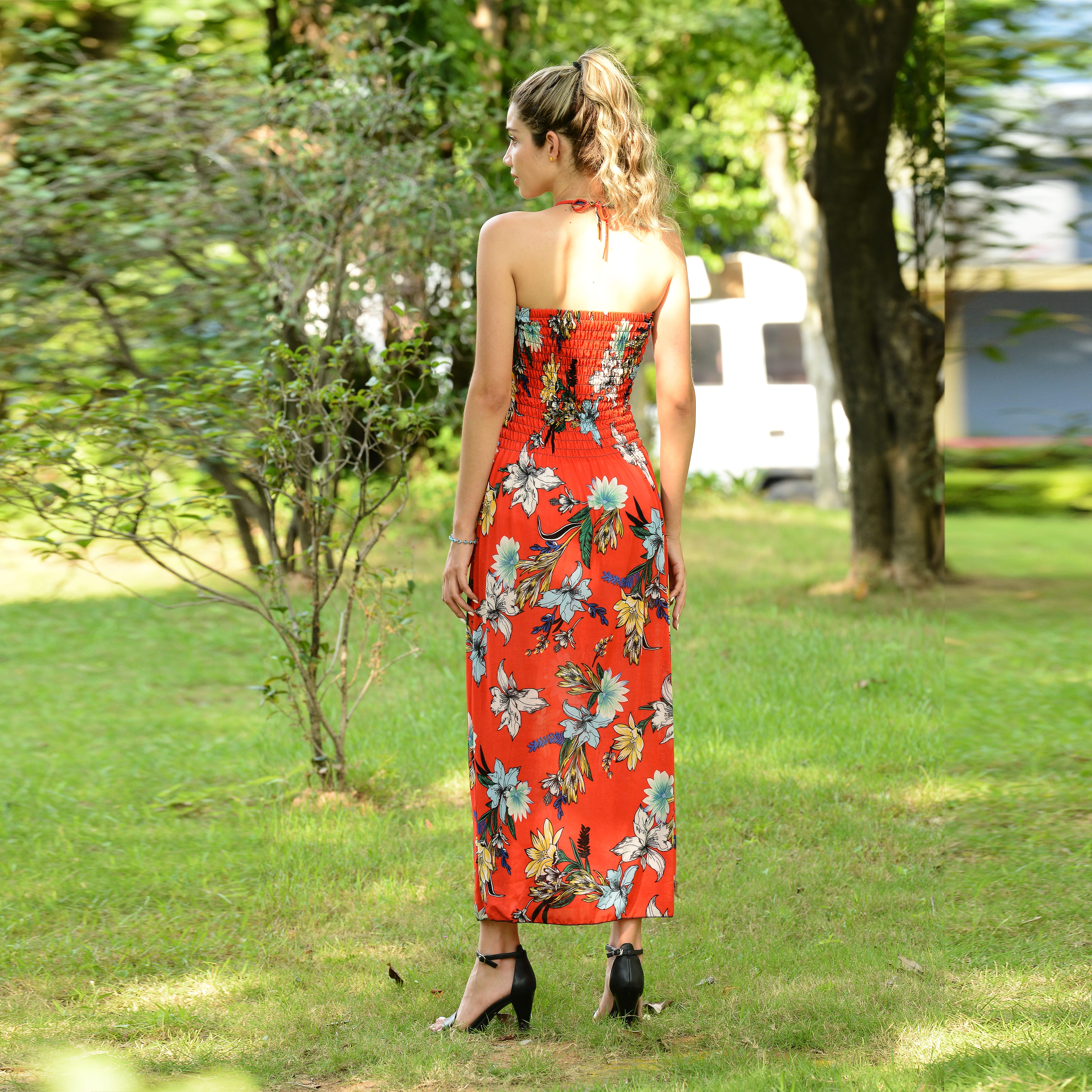 JOVIE Floral Pattern Smocked Halter Dress (Size 115x27 Cm - Up To Size 18) - Red & Multi