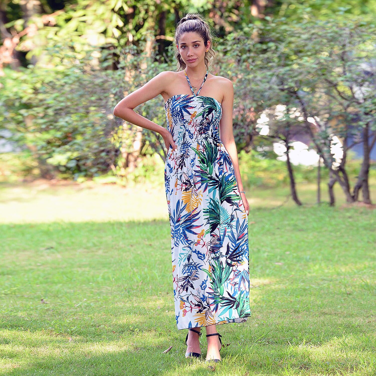 JOVIE Floral Pattern Smocked Halter Dress (Size 115x27 Cm - Up To Size 18) - White & Muti