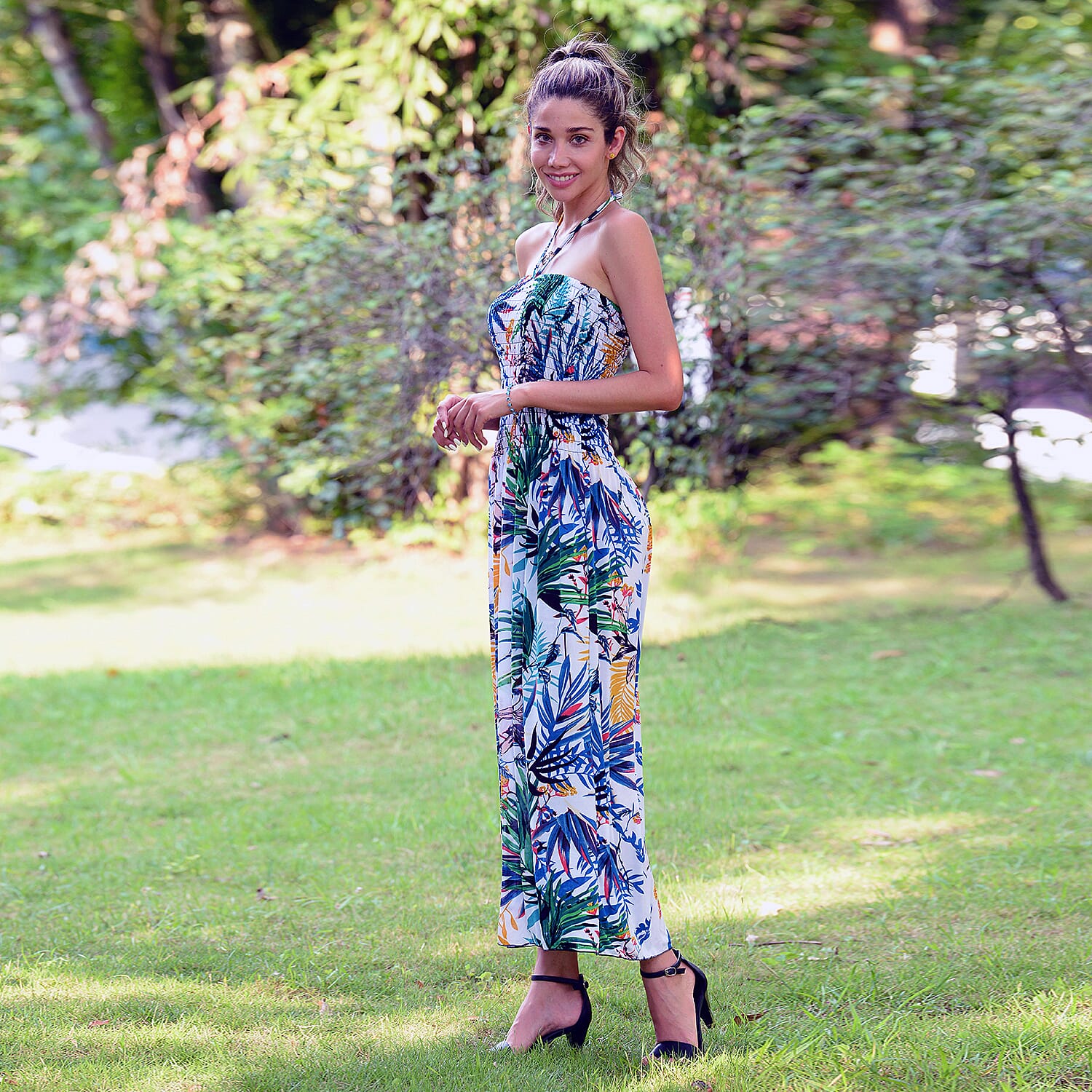 JOVIE Floral Pattern Smocked Halter Dress (Size 115x27 Cm - Up To Size 18) - White & Muti