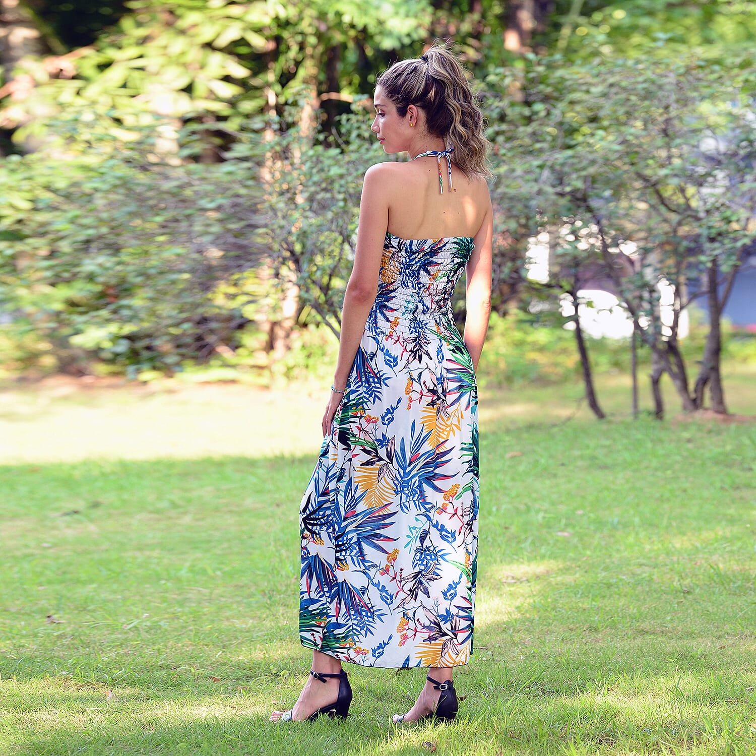 JOVIE Floral Pattern Smocked Halter Dress (Size 115x27 Cm - Up To Size 18) - White & Muti