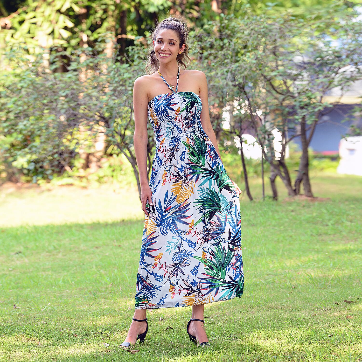 JOVIE Floral Pattern Smocked Halter Dress (Size 115x27 Cm - Up To Size 18) - White & Muti