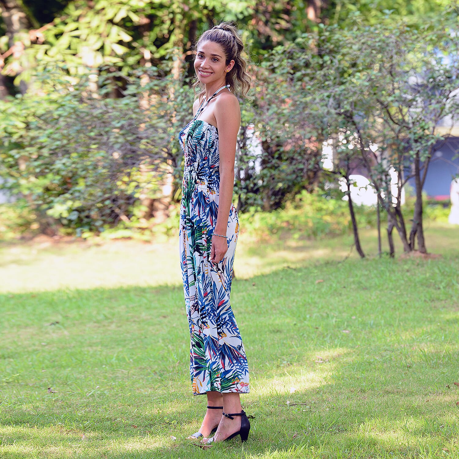 JOVIE Floral Pattern Smocked Halter Dress (Size 115x27 Cm - Up To Size 18) - White & Muti