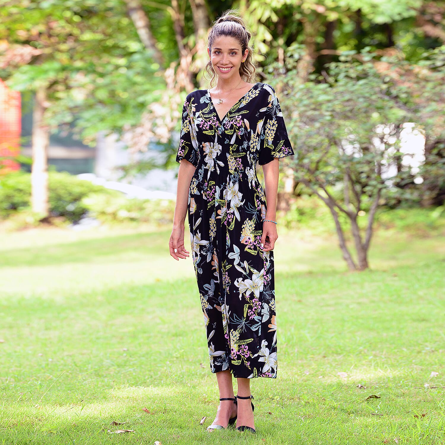 JOVIE Floral Pattern Smocked Dress (Size 125x40 Cm)  - Black & Multi