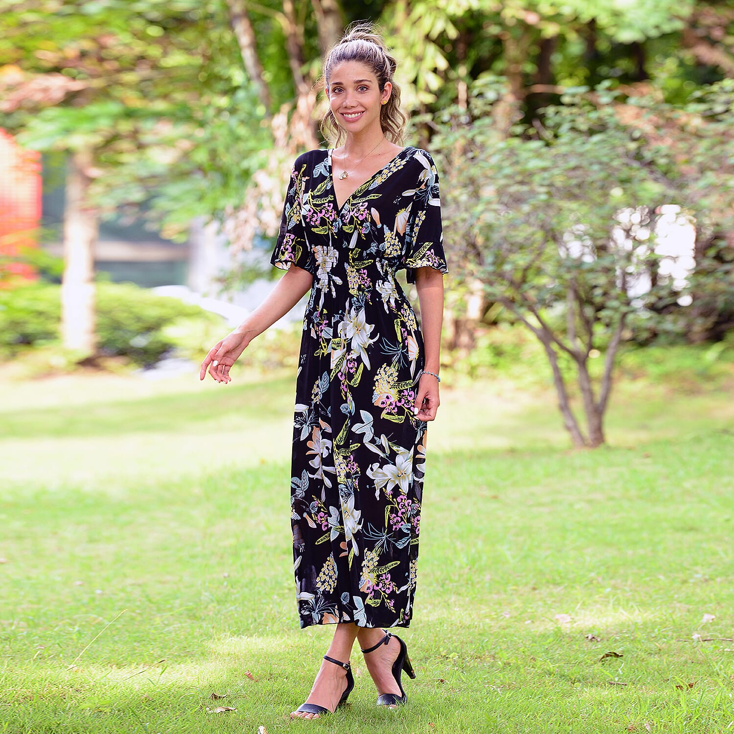 JOVIE Floral Pattern Smocked Dress (Size 125x40 Cm)  - Black & Multi