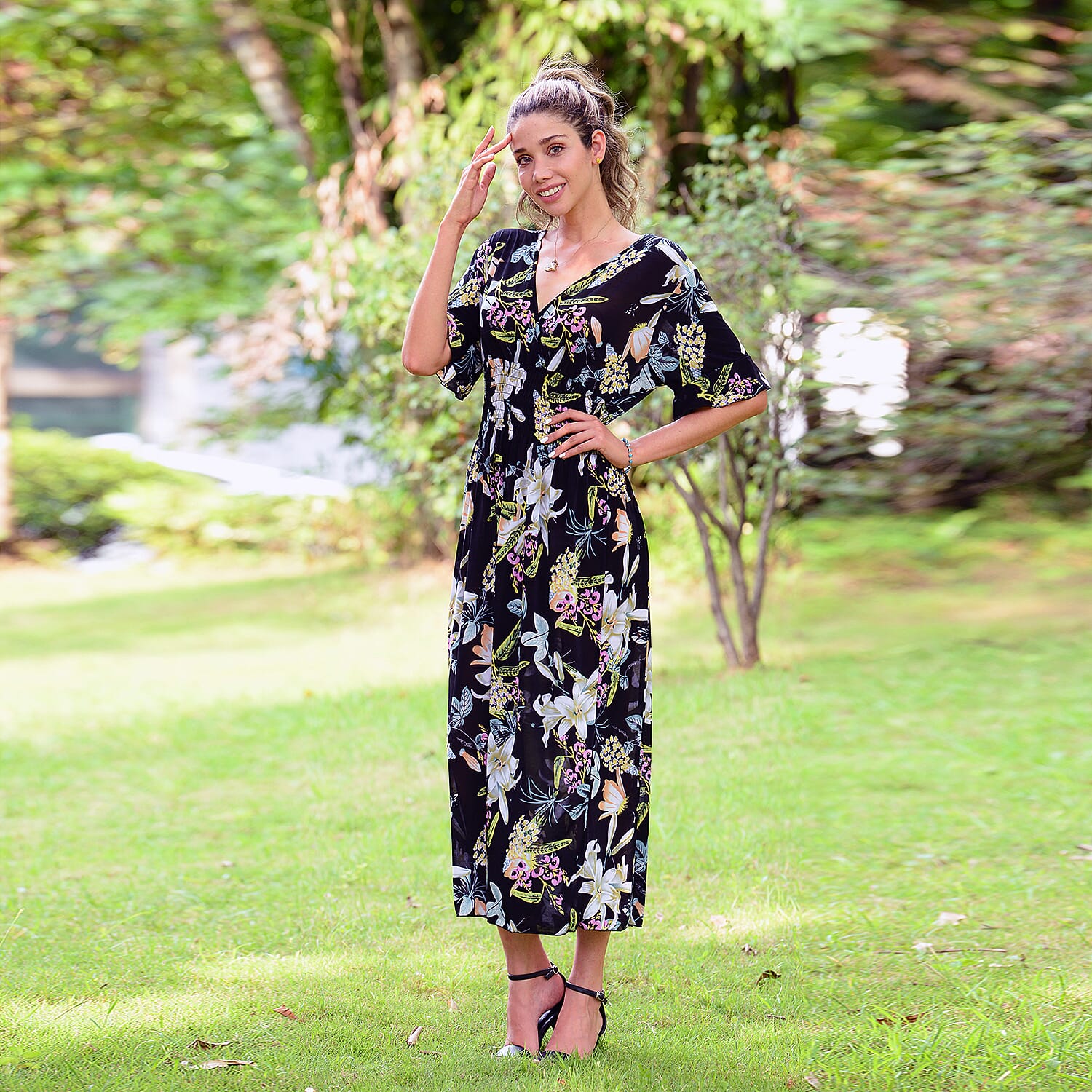 JOVIE Floral Pattern Smocked Dress (Size 125x40 Cm)  - Black & Multi