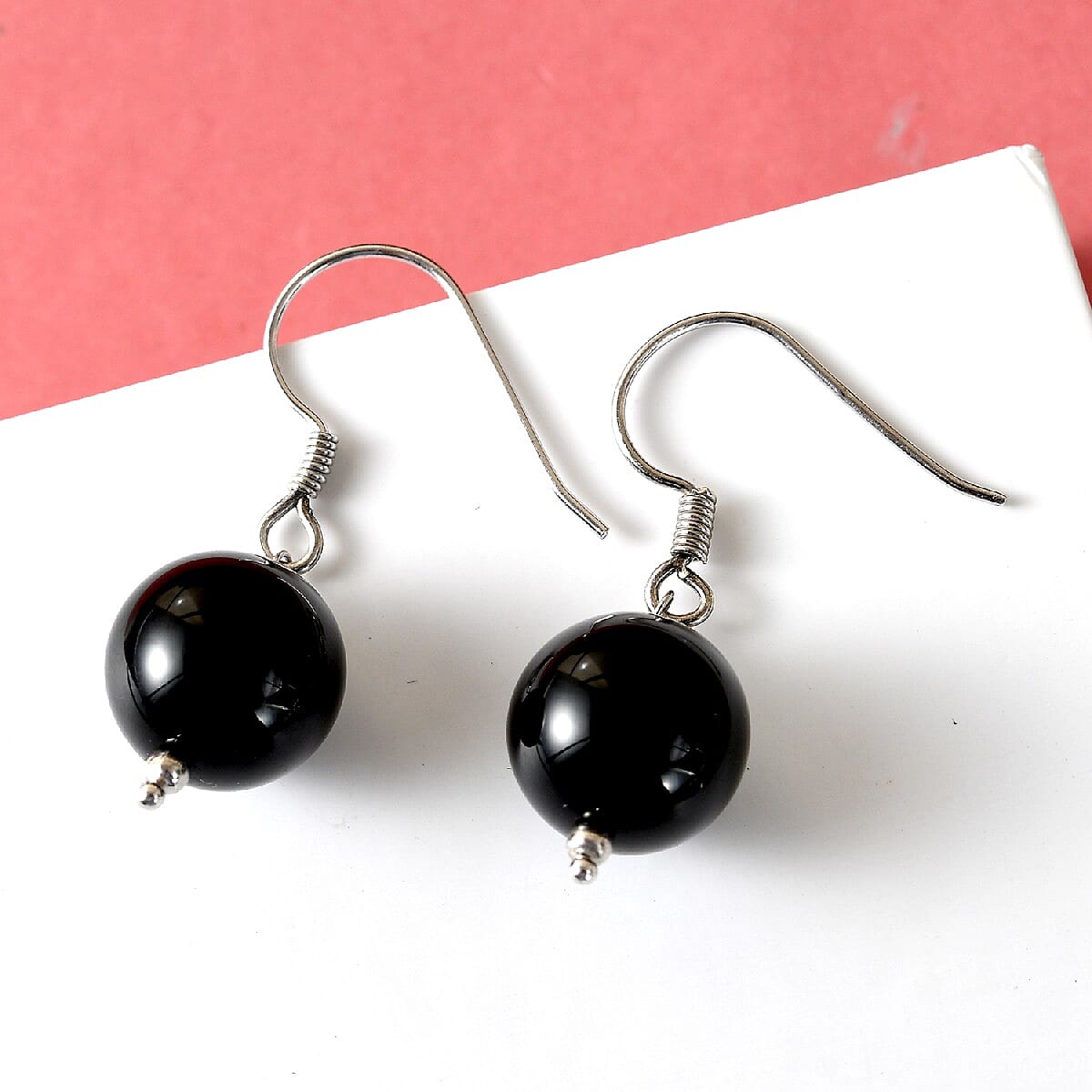 Black Agate  Hook Earrings in Platinum Overlay Sterling Silver 24.100  Ct.