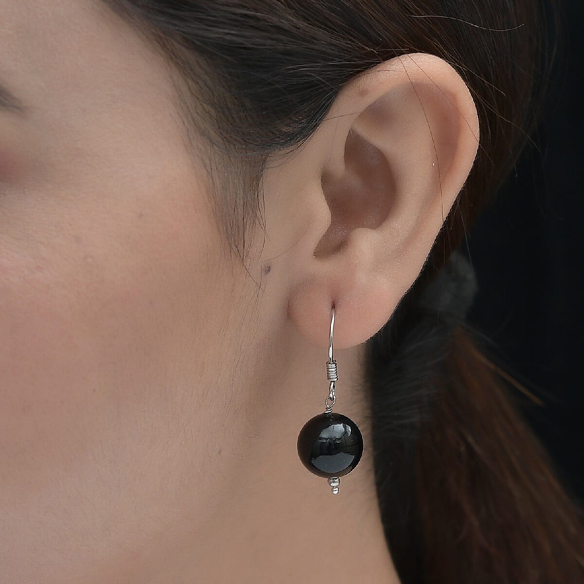 Black Agate  Hook Earrings in Platinum Overlay Sterling Silver 24.100  Ct.