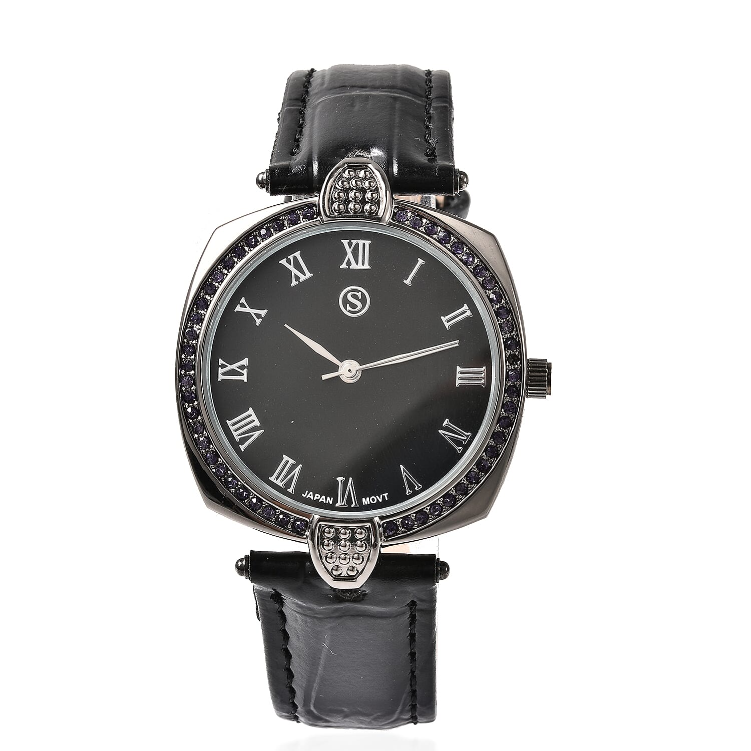 STRADA Japanese Movement Purple Crystal Studded Water Resistant Watch with Black Strap