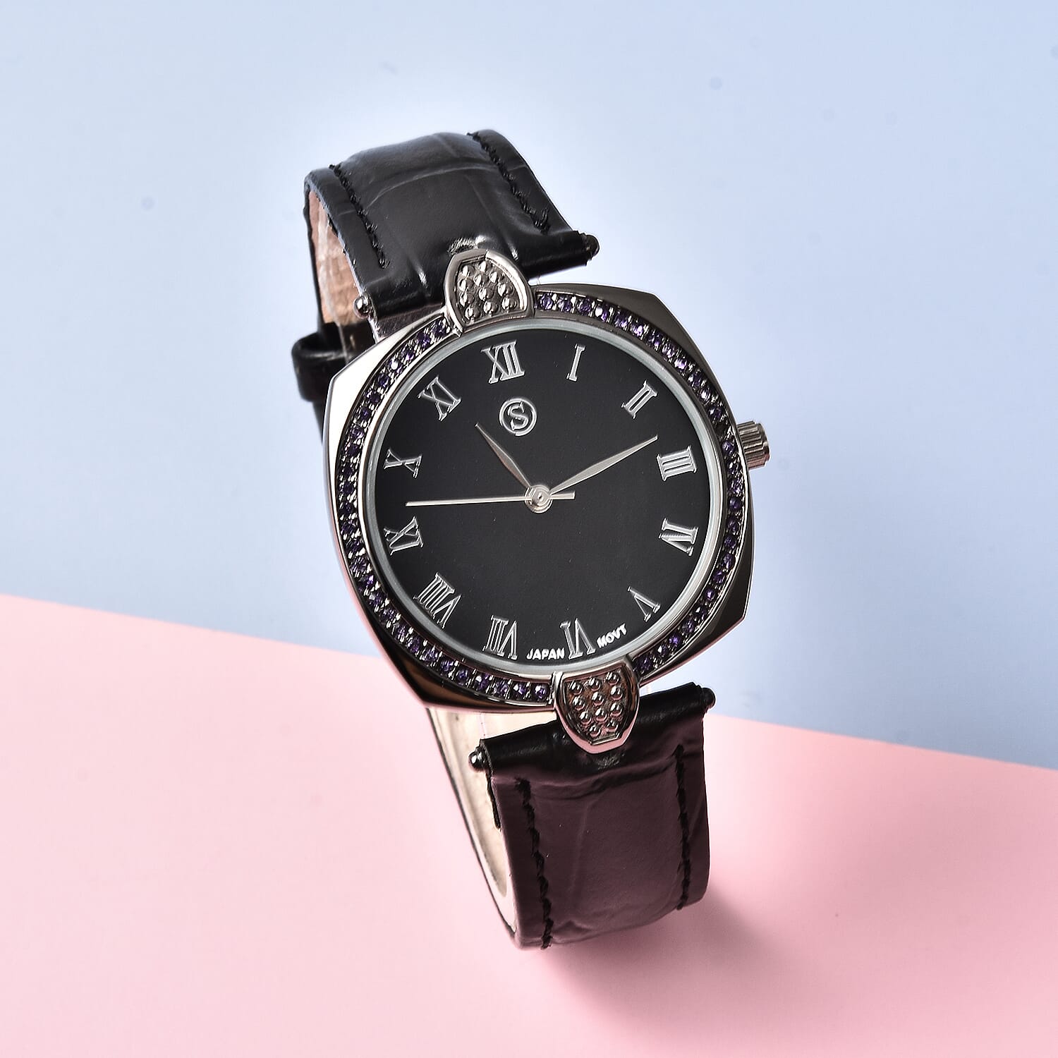 STRADA Japanese Movement Purple Crystal Studded Water Resistant Watch with Black Strap