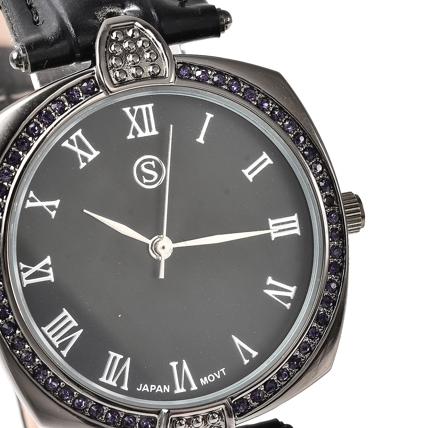 STRADA Japanese Movement Purple Crystal Studded Water Resistant Watch with Black Strap