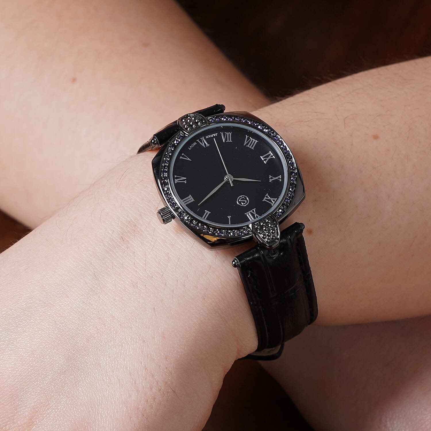 STRADA Japanese Movement Purple Crystal Studded Water Resistant Watch with Black Strap