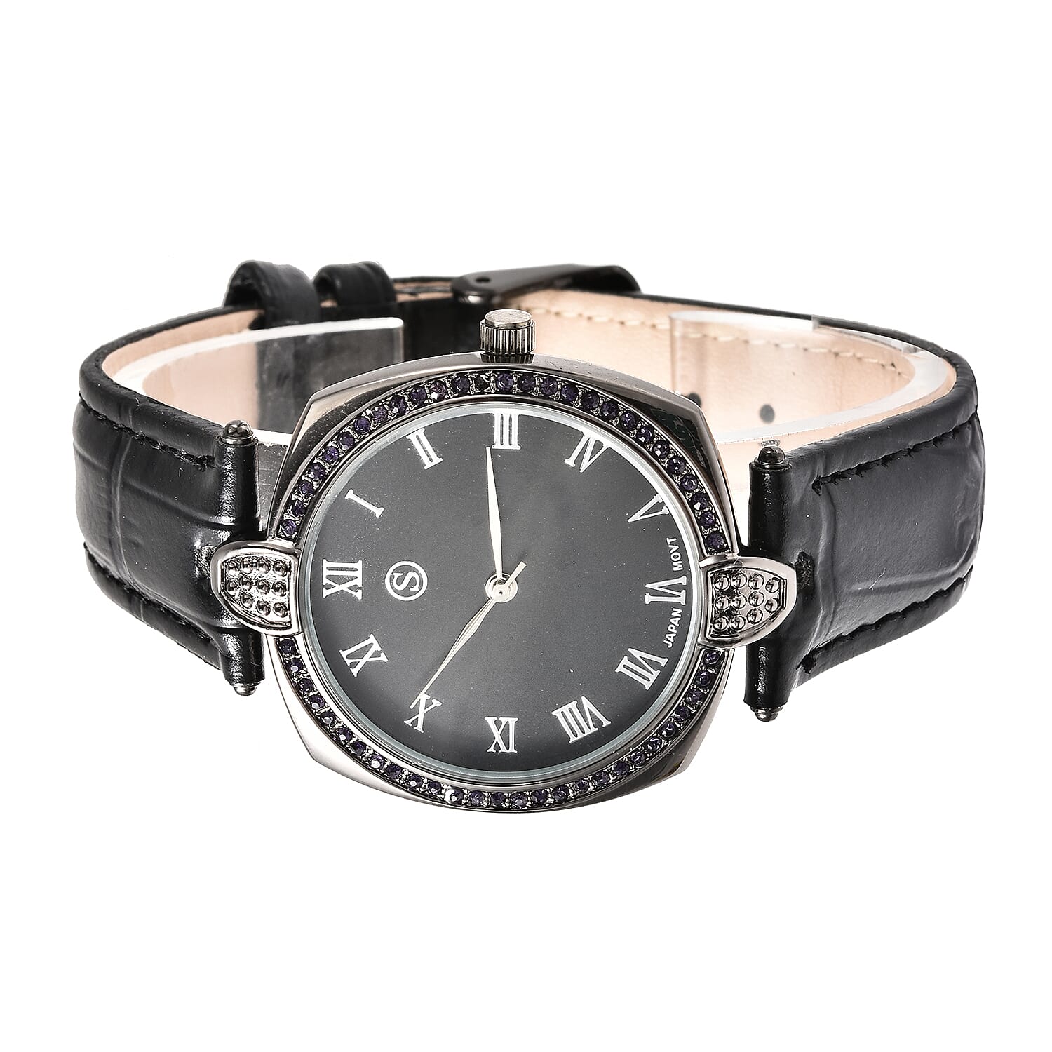 STRADA Japanese Movement Purple Crystal Studded Water Resistant Watch with Black Strap