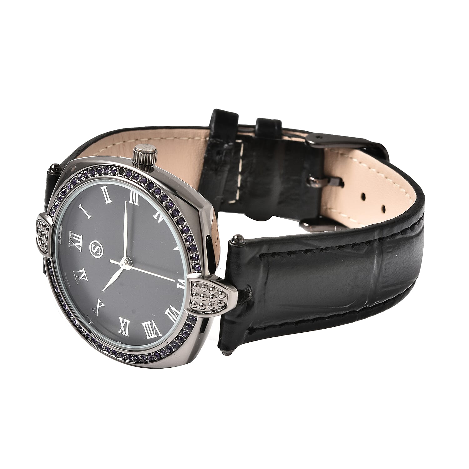 STRADA Japanese Movement Purple Crystal Studded Water Resistant Watch with Black Strap