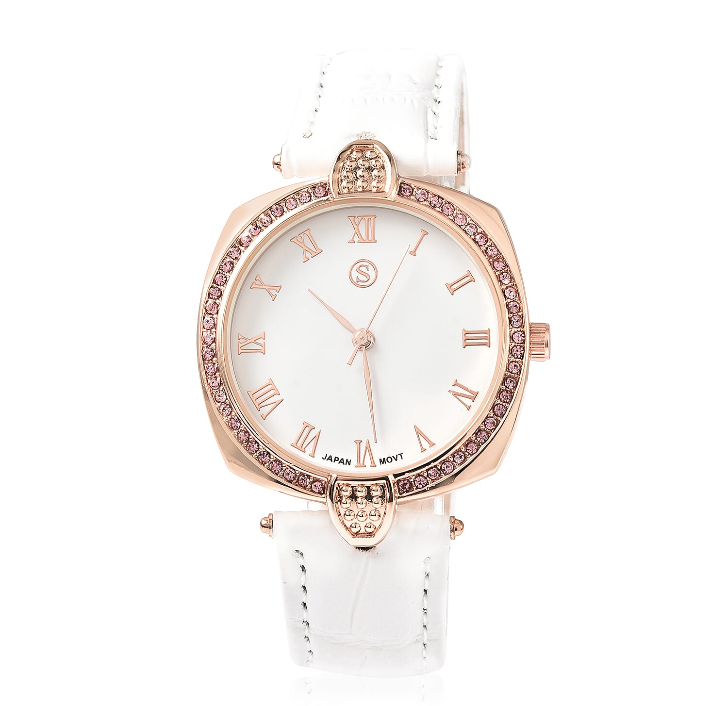 STRADA Japanese Movement Pink Crystal Studded Water Resistant Watch with White Strap